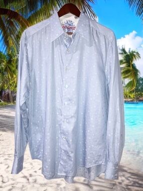 Robert Graham Men's Large Blue White Stripe Dot Button Down Shirt 100% Cotton